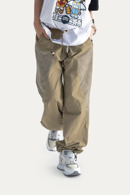 HEA Men’s Patchwork Print Cargo Pants, Casual Streetwear Loose Wide-Leg Trousers with Drawstring Waist