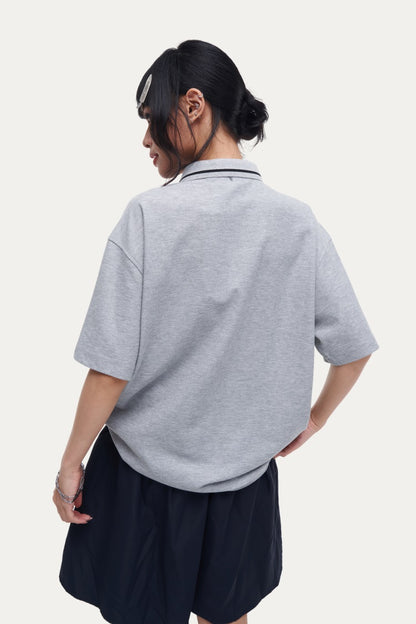 HEA Unisex Oversized Polo Shirt, Short-Sleeve Streetwear Top with Embroidered Lion Logo, Casual Collared Tee for Men & Women