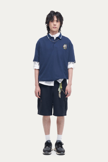HEA Unisex Oversized Polo Shirt, Casual Collared Top with Lion Embroidery, Breathable Textured Fabric for Men Women