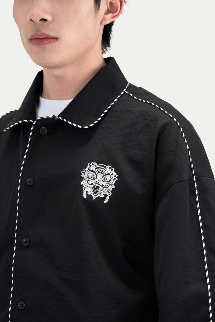 HEA Contrast Stitch Lion Embroidery Oversized Shacket, Men’s Casual Long Sleeve Button Down Shirt Jacket