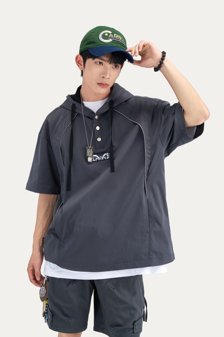 HEA Half Button Short Sleeve Hooded Polo Shirt, Unisex Contrast Stitch Casual Street Top