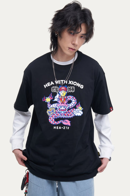 HEA Unisex Oversized Cartoon Print T-Shirt, Crew Neck Cotton Tee with Graffiti-Style Character Design, Casual Streetwear Top for Men Women