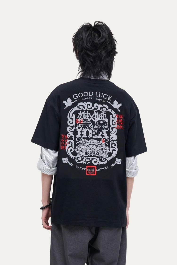 HEA Unisex Oversized Graphic T-Shirt, Crew Neck Cotton Tee with Front & Back Lion Print, Casual Streetwear Top for Men Women