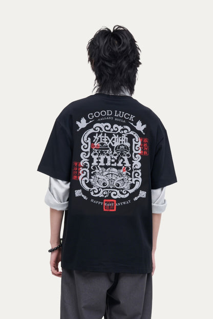 HEA Unisex Oversized Graphic T-Shirt, Crew Neck Cotton Tee with Front & Back Lion Print, Casual Streetwear Top for Men Women