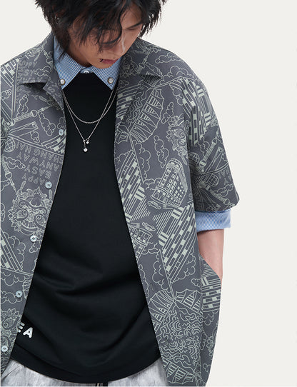 HEA Unisex Allover Print Button Up Shirt, Casual Streetwear Short Sleeve Camp Shirt