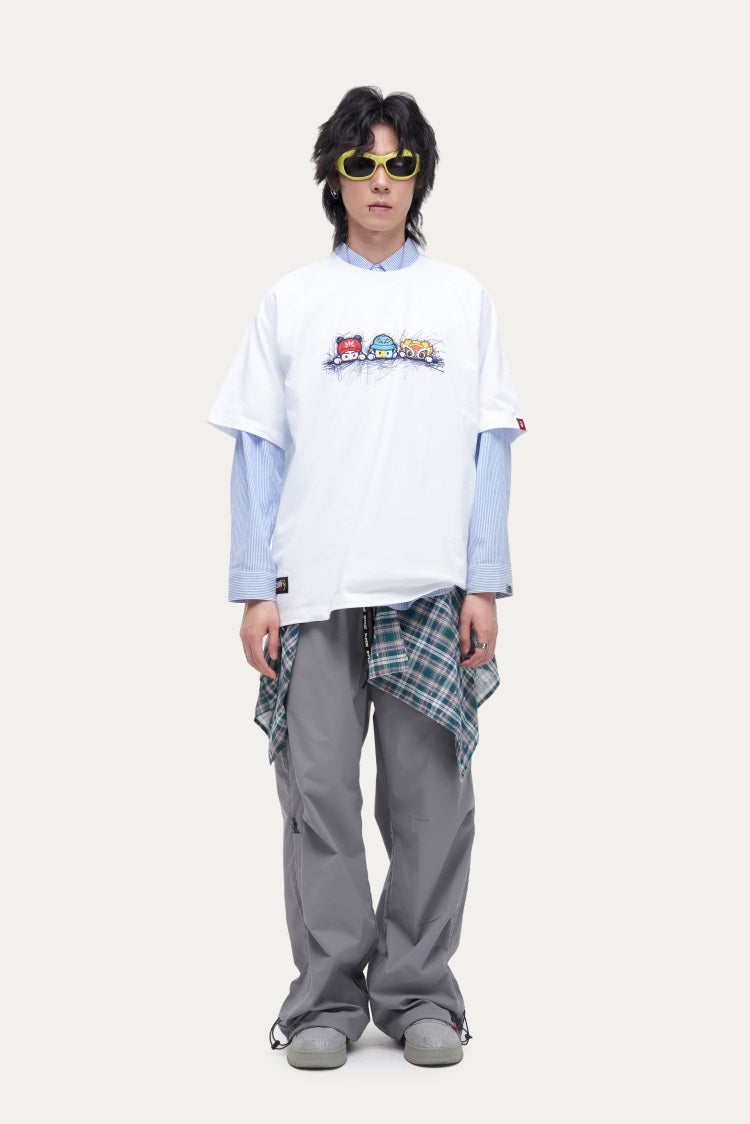 HEA Unisex Oversized Cartoon Print T-Shirt, Crew Neck Cotton Tee with Graffiti-Style Character Design, Casual Streetwear Top for Men Women