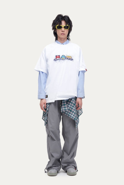HEA Unisex Oversized Cartoon Print T-Shirt, Crew Neck Cotton Tee with Graffiti-Style Character Design, Casual Streetwear Top for Men Women