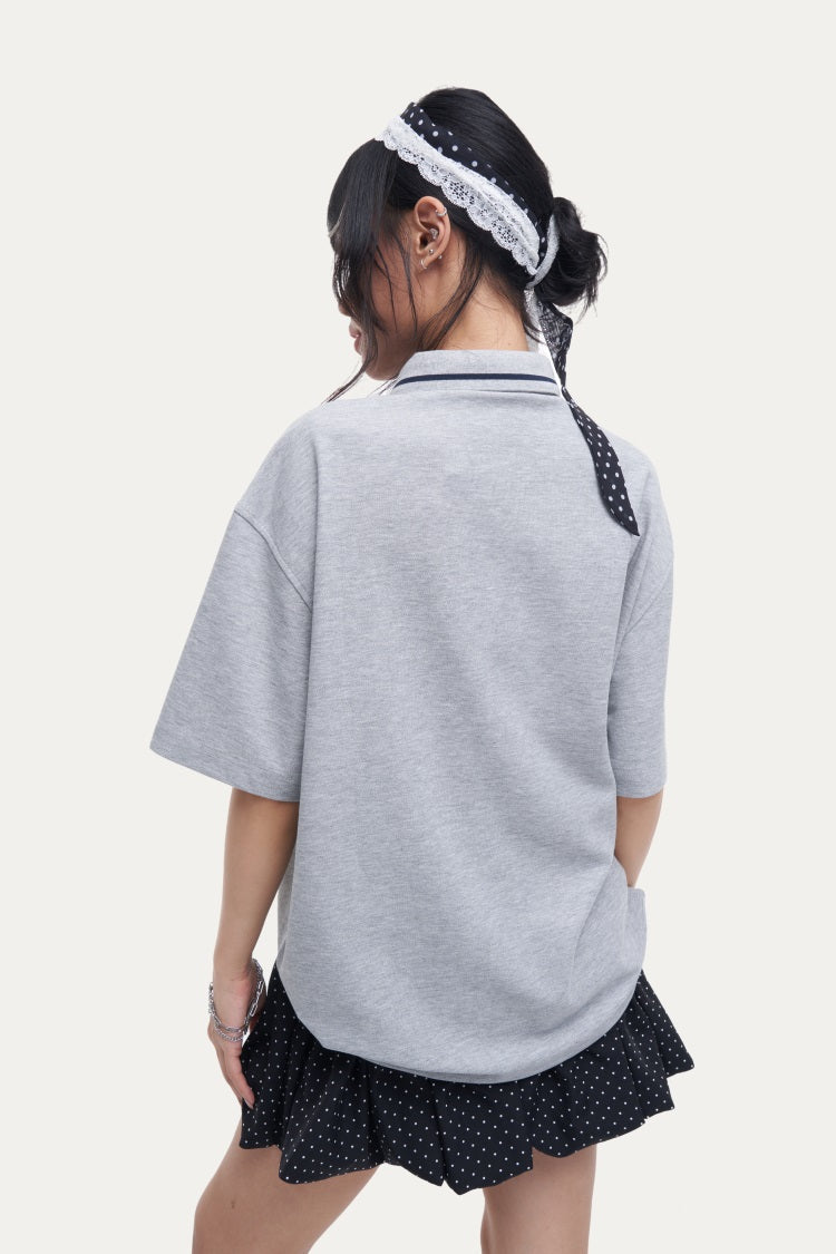 HEA Unisex Oversized Polo Shirt, Short-Sleeve Streetwear Top with Embroidered Logo, Casual Collared Tee for Men & Women