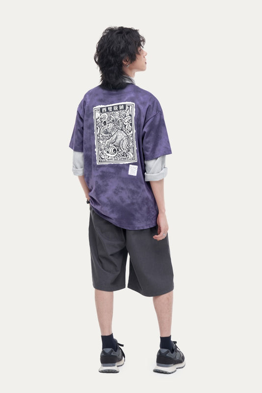 HEA Tie-Dye Graphic T-Shirt, Unisex Streetwear Tee with Traditional Chinese Print