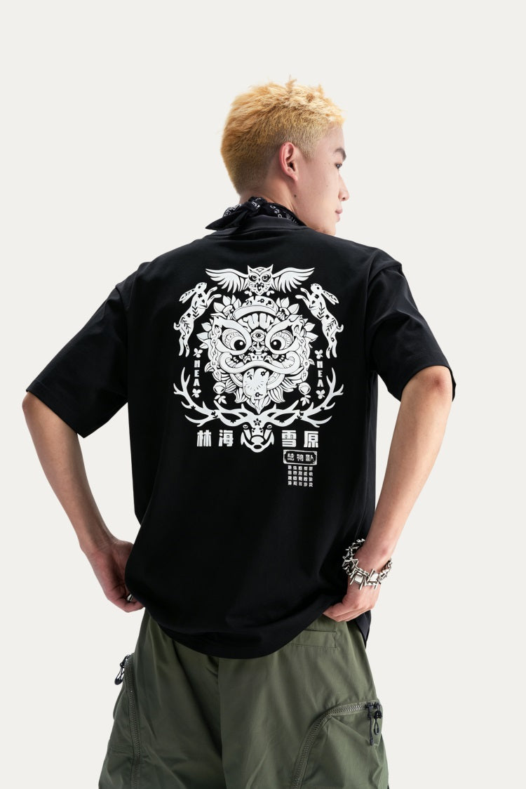 HEA Back Graphic Lion Head T-Shirt, Unisex Streetwear Casual Tee with Mythical Print