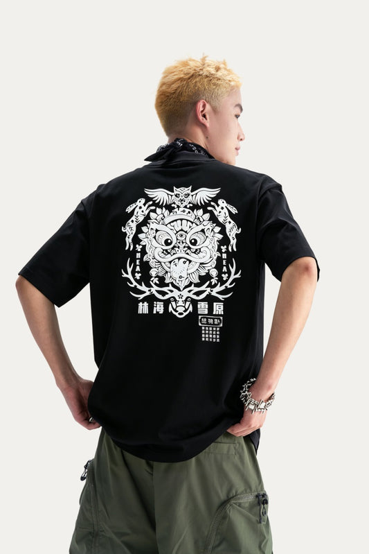HEA Back Graphic Lion Head T-Shirt, Unisex Streetwear Casual Tee with Mythical Print