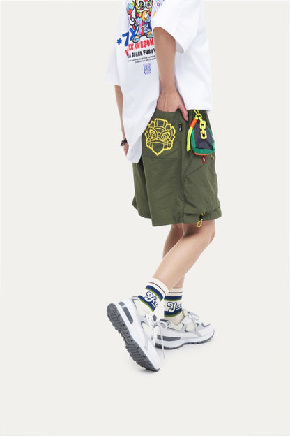 HEA Men’s Lion Head Embroidered Casual Shorts, Breathable Streetwear Shorts with Adjustable Hem
