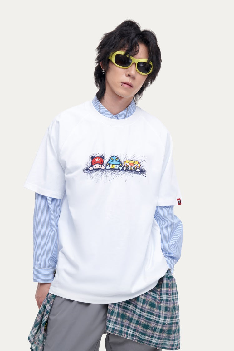 HEA Unisex Oversized Cartoon Print T-Shirt, Crew Neck Cotton Tee with Graffiti-Style Character Design, Casual Streetwear Top for Men Women