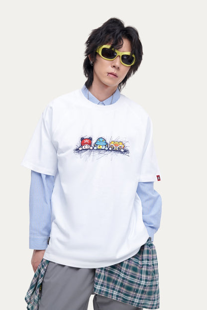 HEA Unisex Oversized Cartoon Print T-Shirt, Crew Neck Cotton Tee with Graffiti-Style Character Design, Casual Streetwear Top for Men Women
