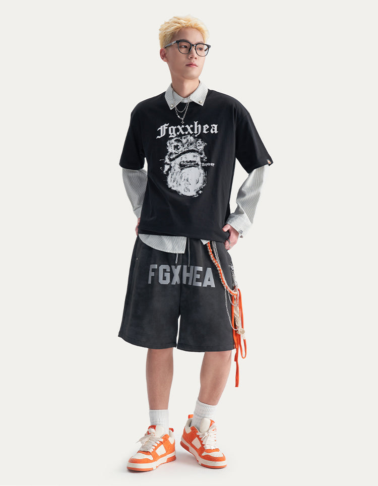 HEA Unisex Letter Print Casual Shorts, Elastic Waist Streetwear Shorts