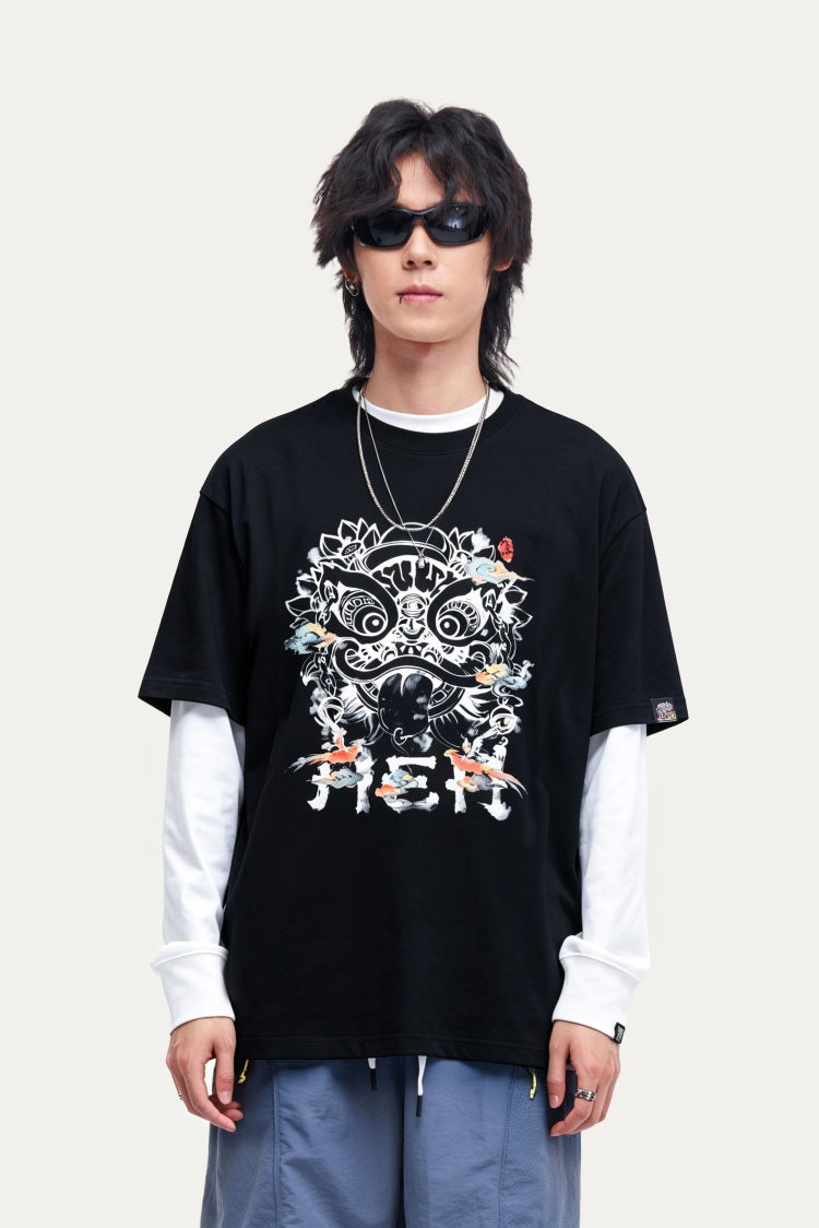 HEA Ink Wash Style Lion Head T-Shirt, Unisex Streetwear Casual Tee with Artistic Print