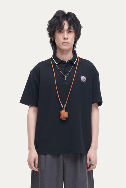 HEA Unisex Oversized Polo Shirt, Short-Sleeve Streetwear Top with Embroidered Logo, Casual Collared Tee for Men & Women