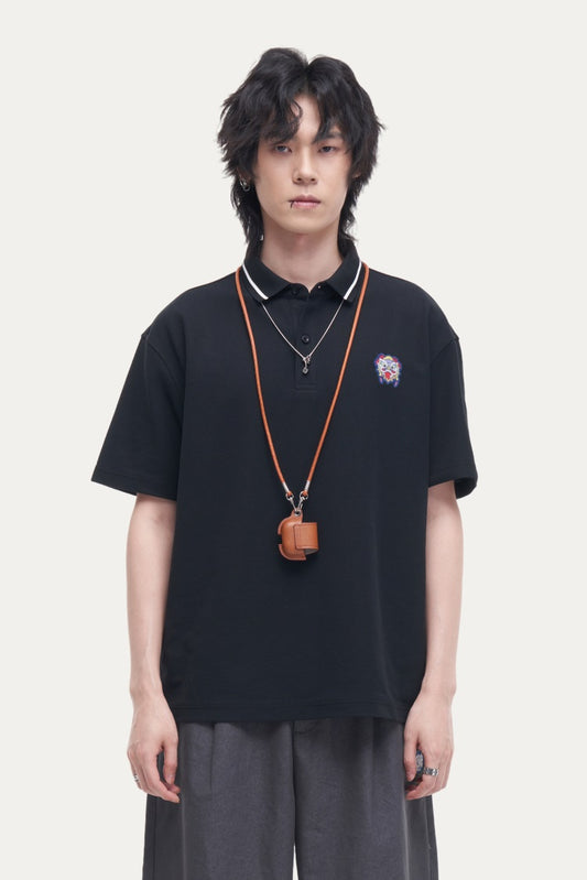 HEA Unisex Oversized Polo Shirt, Short-Sleeve Streetwear Top with Embroidered Logo, Casual Collared Tee for Men & Women
