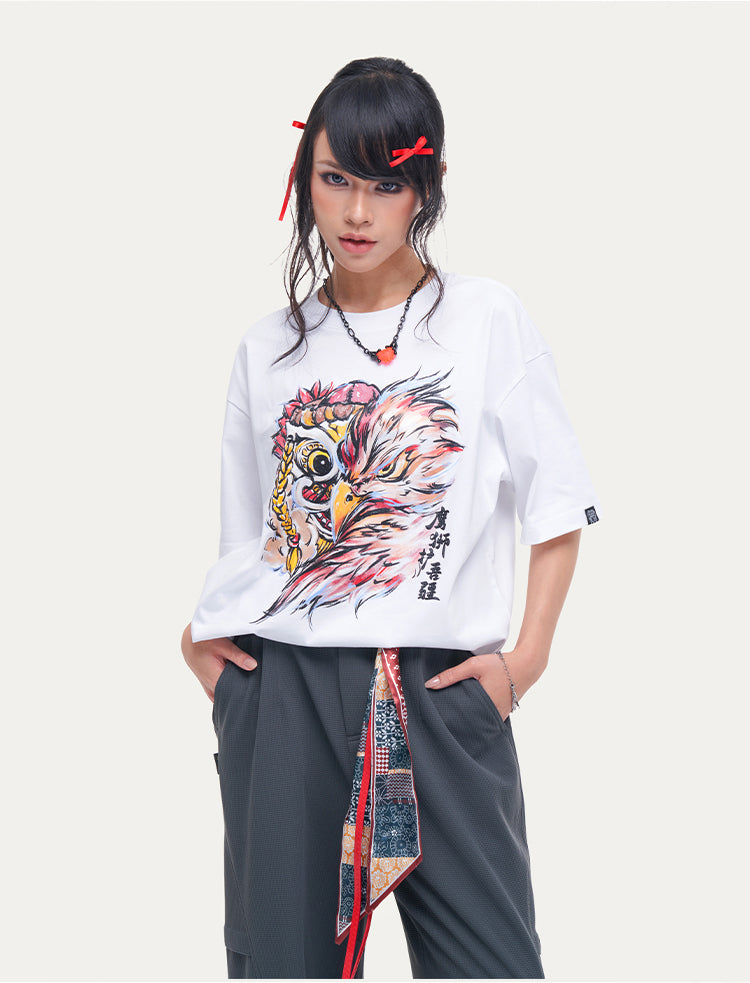 HEA Unisex Heavyweight 100% Cotton Lion Eagle Graphic T-Shirt, Oversized Streetwear