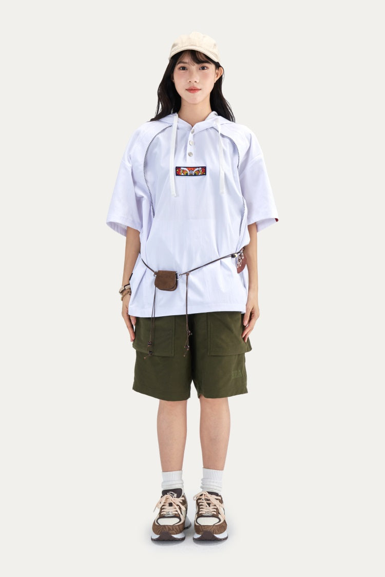 HEA Half Button Short Sleeve Hooded Polo Shirt, Unisex Contrast Stitch Casual Street Top