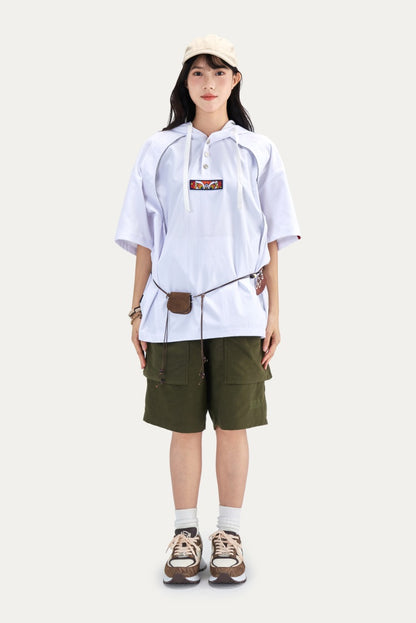 HEA Half Button Short Sleeve Hooded Polo Shirt, Unisex Contrast Stitch Casual Street Top