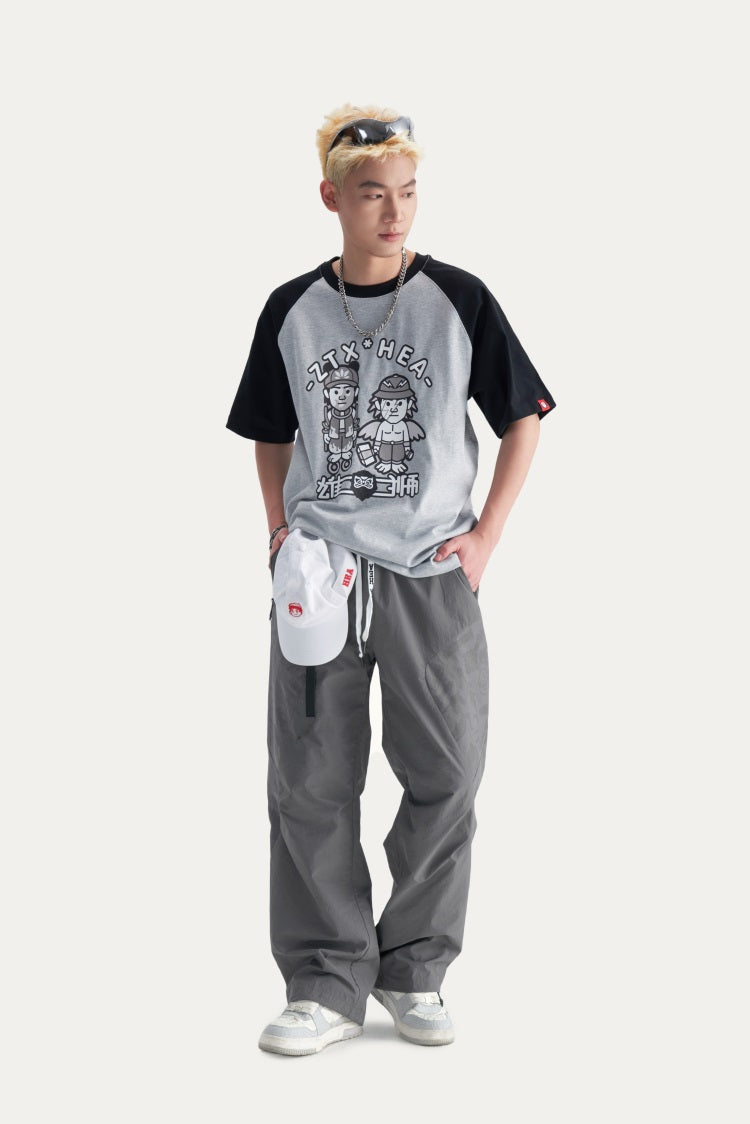 HEA Men’s Patchwork Print Cargo Pants, Casual Streetwear Loose Wide-Leg Trousers with Drawstring Waist