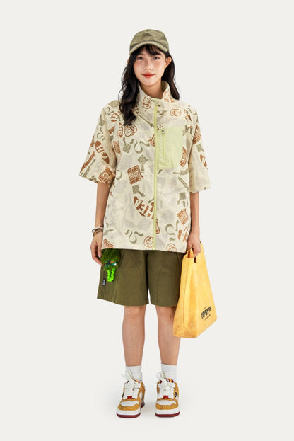HEA All-Over Print Half-Sleeve Zip-Up Jacket | Unisex Streetwear Casual Stand Collar Top