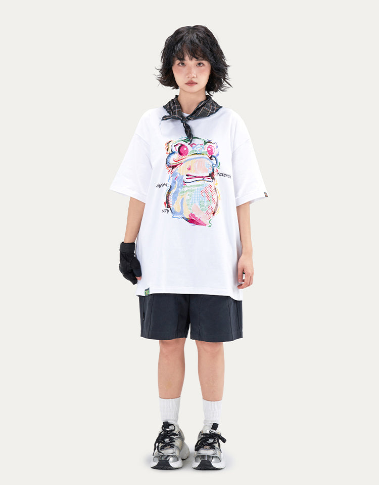 HEA Cartoon Graphic Print T-Shirt Casual Streetwear Short Sleeve Tee Unisex Trendy Cotton T-shirt