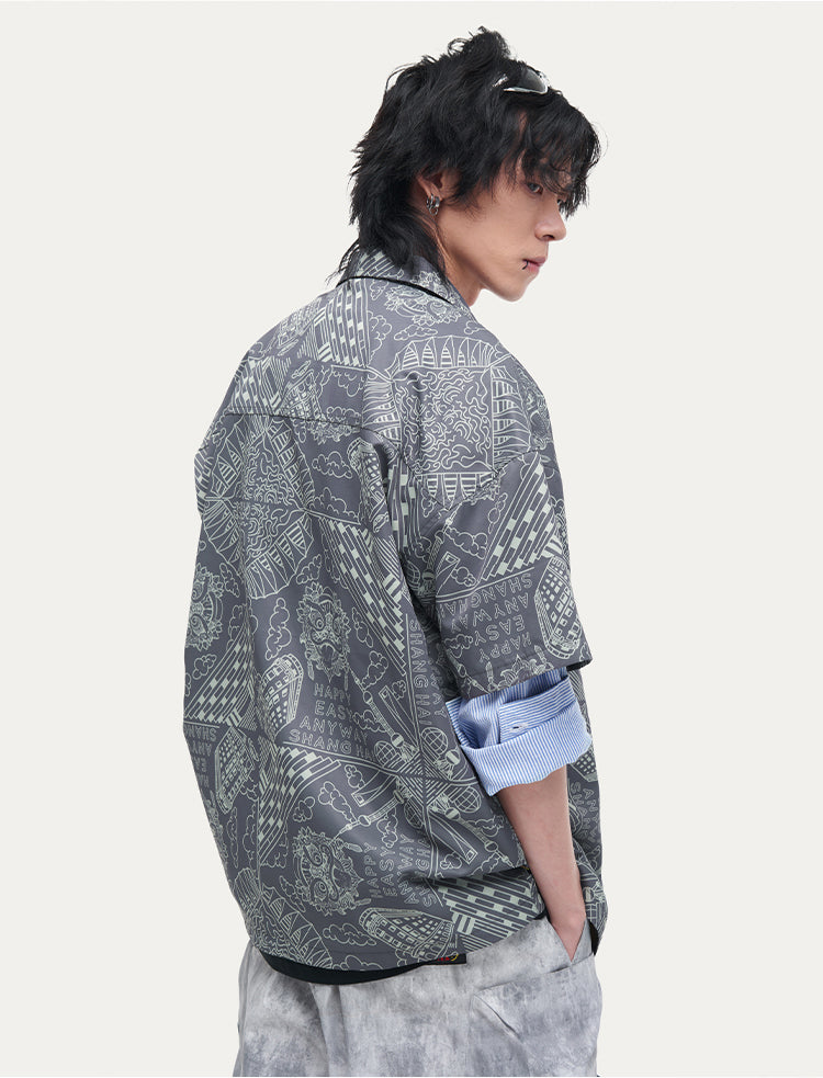 HEA Unisex Allover Print Button Up Shirt, Casual Streetwear Short Sleeve Camp Shirt