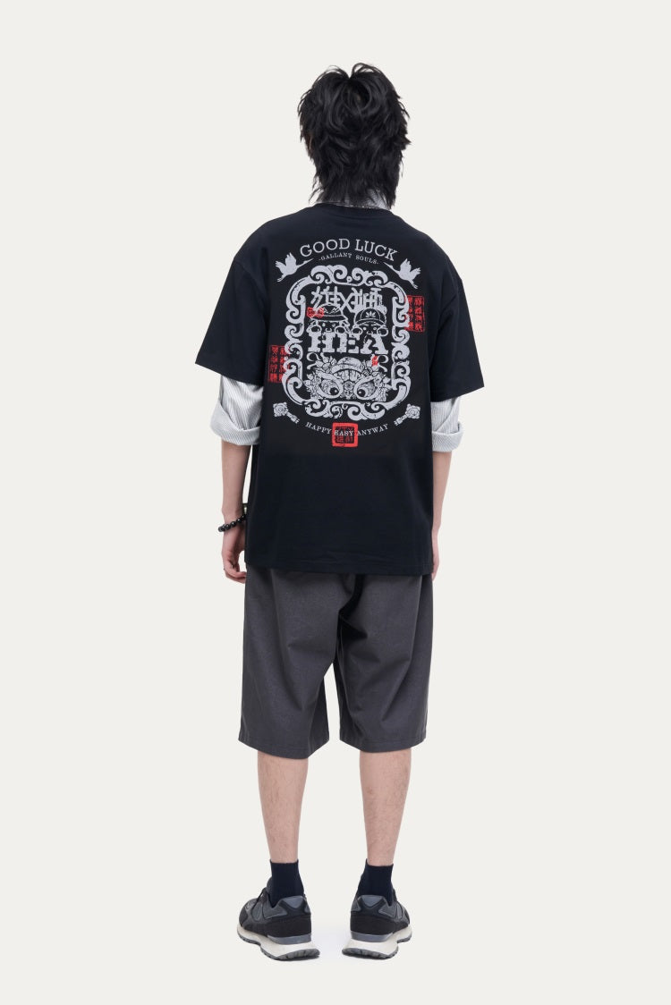 HEA Unisex Oversized Graphic T-Shirt, Crew Neck Cotton Tee with Front & Back Lion Print, Casual Streetwear Top for Men Women
