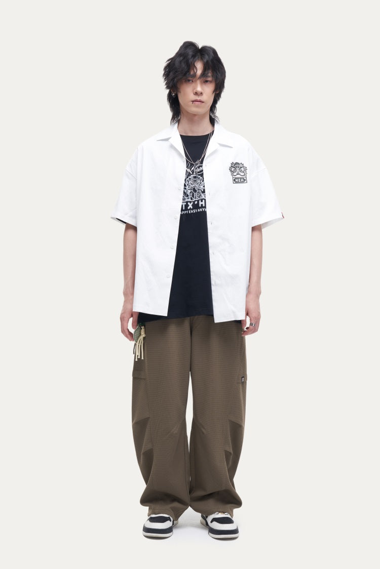 HEA Unisex Oversized Short-Sleeve Shirt, Streetwear Button-Up Top with Front & Back Lion Print, Casual Loose Fit Blouse for Men & Women