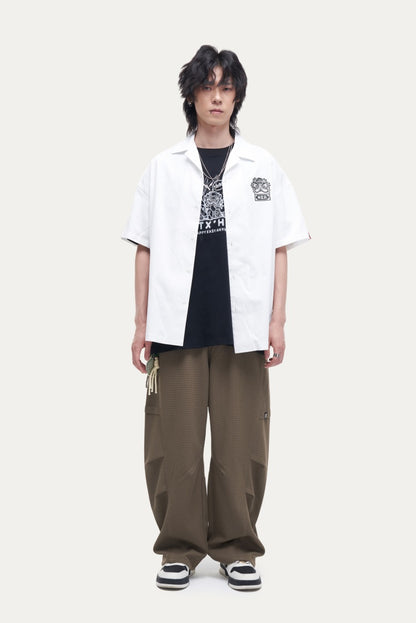 HEA Unisex Oversized Short-Sleeve Shirt, Streetwear Button-Up Top with Front & Back Lion Print, Casual Loose Fit Blouse for Men & Women