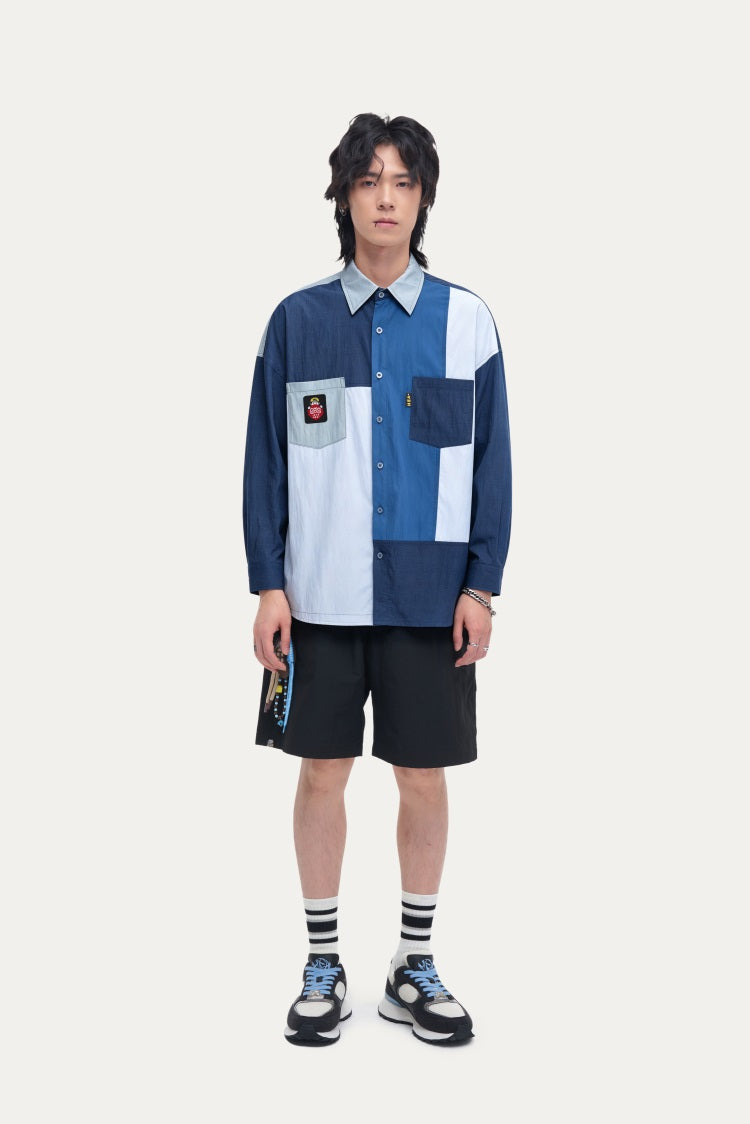 HEA Patchwork Color Block Oversized Button-Up Shirt | Unisex Streetwear Casual Top