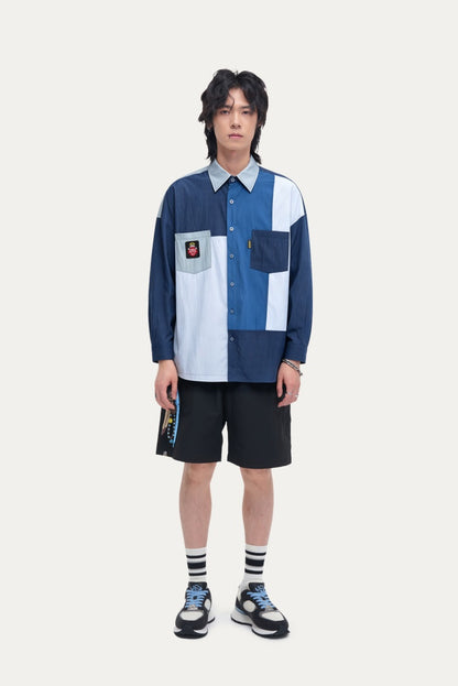 HEA Patchwork Color Block Oversized Button-Up Shirt | Unisex Streetwear Casual Top