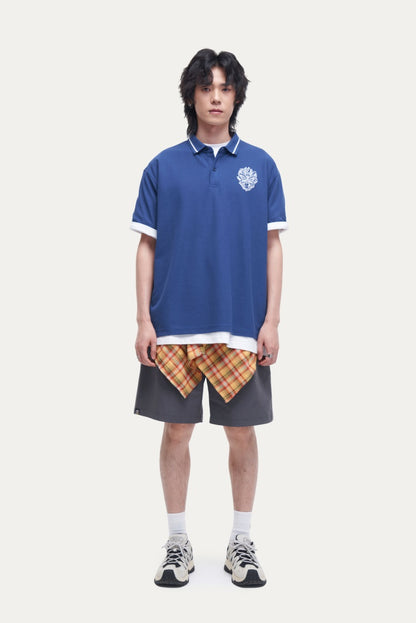 HEA Unisex Oversized Polo Shirt, Short-Sleeve Streetwear Top with Embroidered Lion Logo, Casual Collared Tee for Men & Women