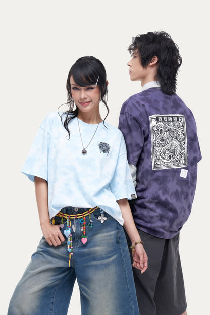 HEA Tie-Dye Graphic T-Shirt, Unisex Streetwear Tee with Traditional Chinese Print