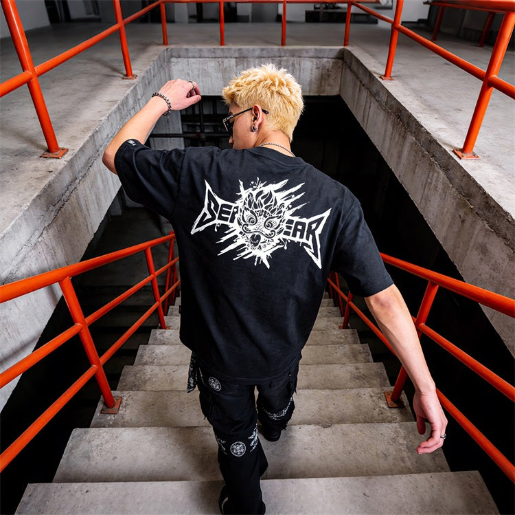 HEA Distressed Wash Lion Head Graphic Tee, Unisex Gothic Streetwear Short Sleeve T-shirt