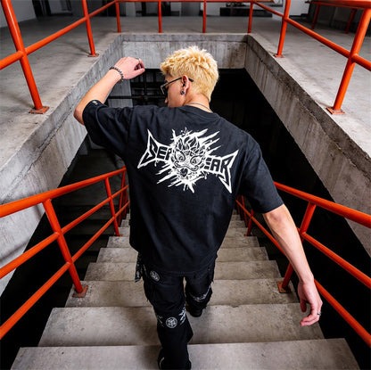 HEA Distressed Wash Lion Head Graphic Tee, Unisex Gothic Streetwear Short Sleeve T-shirt