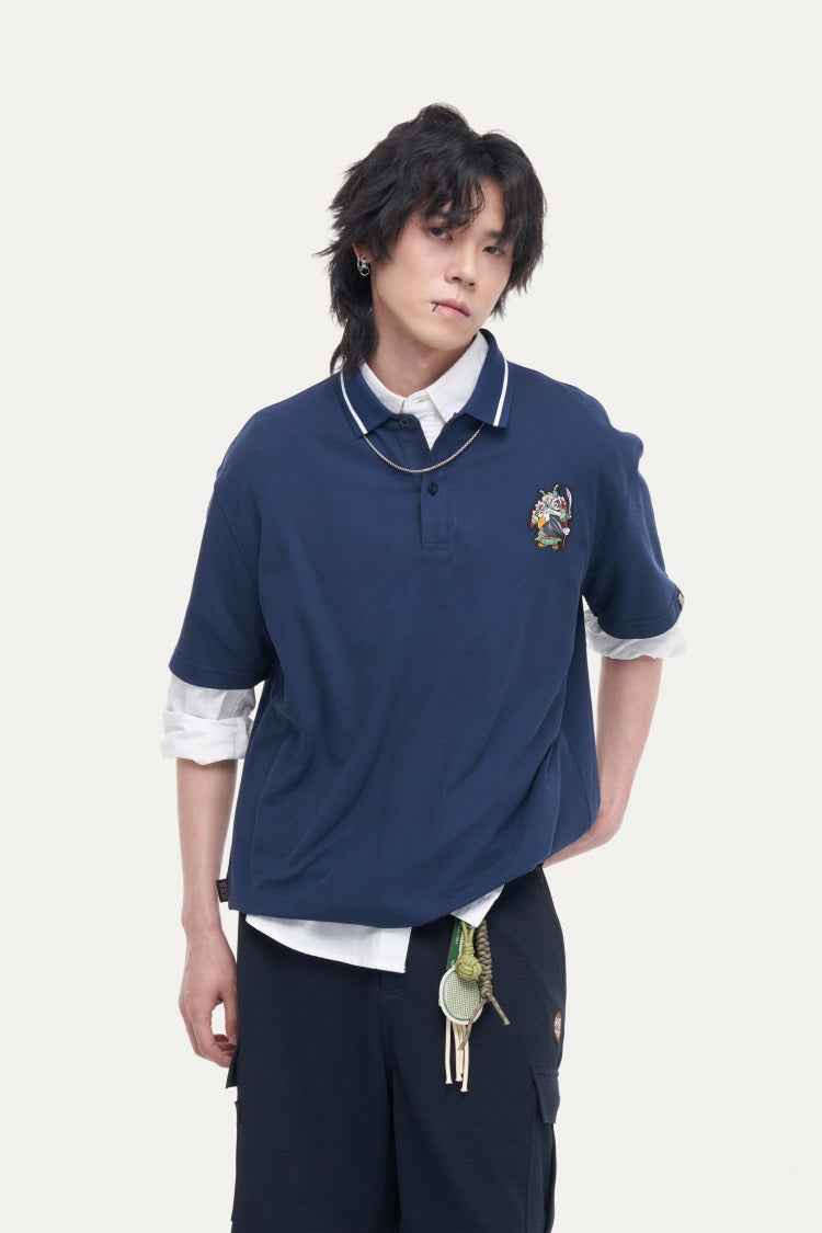 HEA Unisex Oversized Polo Shirt, Casual Collared Top with Lion Embroidery, Breathable Textured Fabric for Men Women