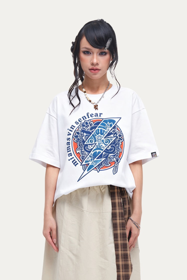 HEA Unisex Oversized Graphic T-Shirt, Crew Neck Cotton Tee with Front & Back Lion Print, Casual Streetwear Top for Men Women