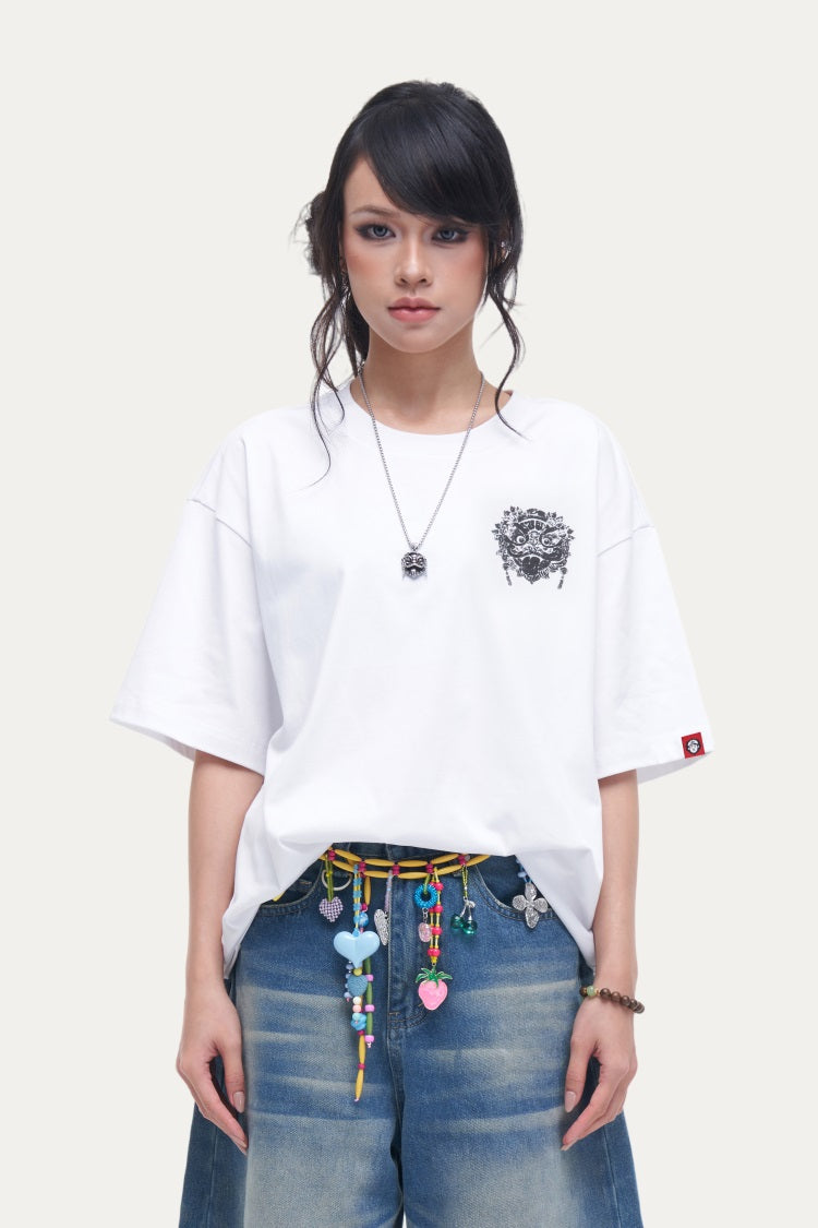 HEA Unisex Oversized Graphic T-Shirt, Crew Neck Cotton Tee with Front & Back Lion Print, Casual Streetwear Top for Men Women