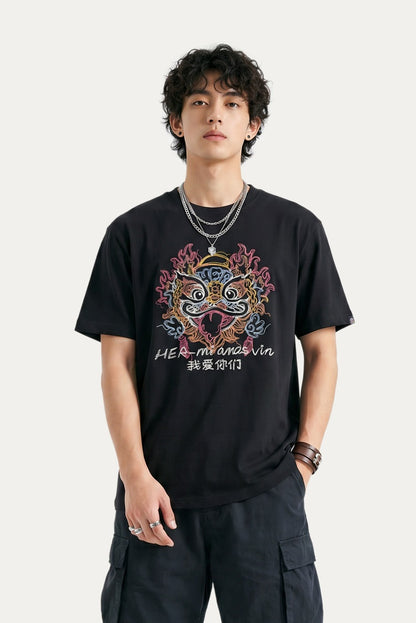 HEA Colorful Lion Head Graphic T-shirt, Unisex Casual Streetwear Short Sleeve Tee