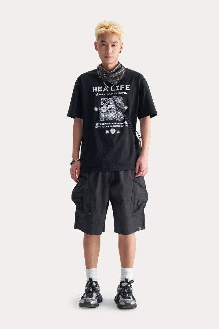 HEA Men’s Oversized Cargo Shorts, Casual Streetwear Multi-Pocket Shorts with Drawstring Wais