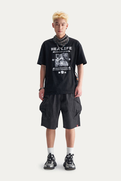 HEA Men’s Oversized Cargo Shorts, Casual Streetwear Multi-Pocket Shorts with Drawstring Wais