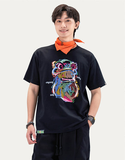 HEA Cartoon Graphic Print T-Shirt Casual Streetwear Short Sleeve Tee Unisex Trendy Cotton T-shirt
