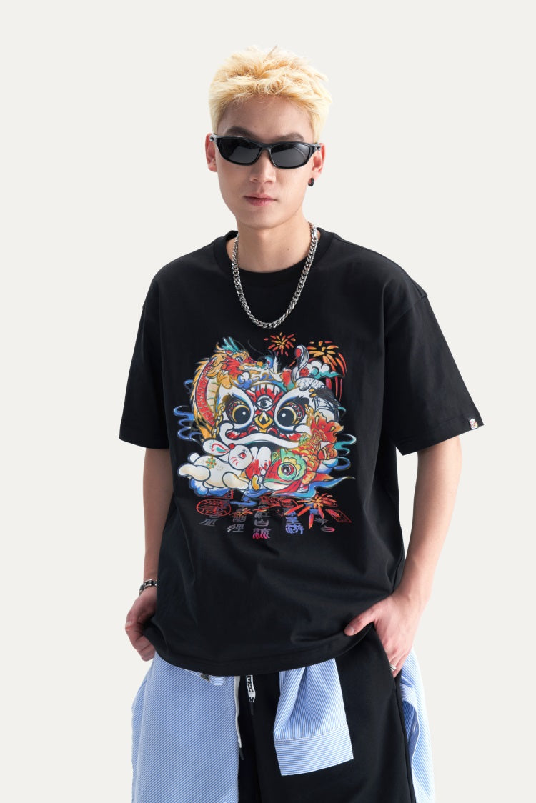 HEA Unisex Heavyweight Cotton Colorful Lion Graphic T-Shirt, Oversized Streetwear Short Sleeve Tee