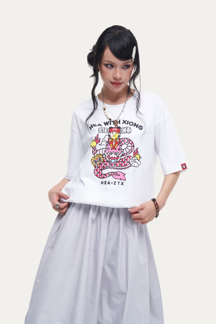HEA Unisex Oversized Cartoon Print T-Shirt, Crew Neck Cotton Tee with Graffiti-Style Character Design, Casual Streetwear Top for Men Women