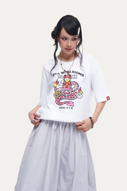 HEA Unisex Oversized Cartoon Print T-Shirt, Crew Neck Cotton Tee with Graffiti-Style Character Design, Casual Streetwear Top for Men Women