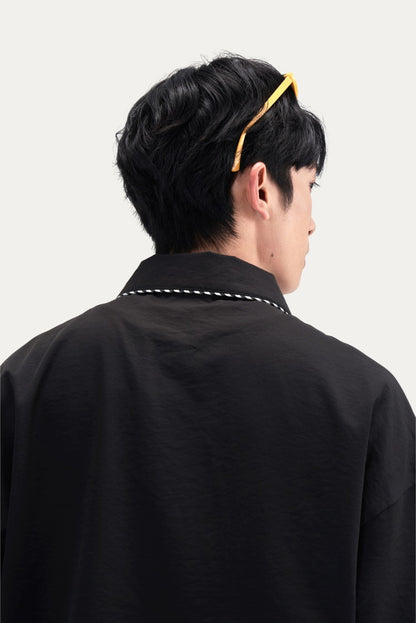 HEA Contrast Stitch Lion Embroidery Oversized Shacket, Men’s Casual Long Sleeve Button Down Shirt Jacket