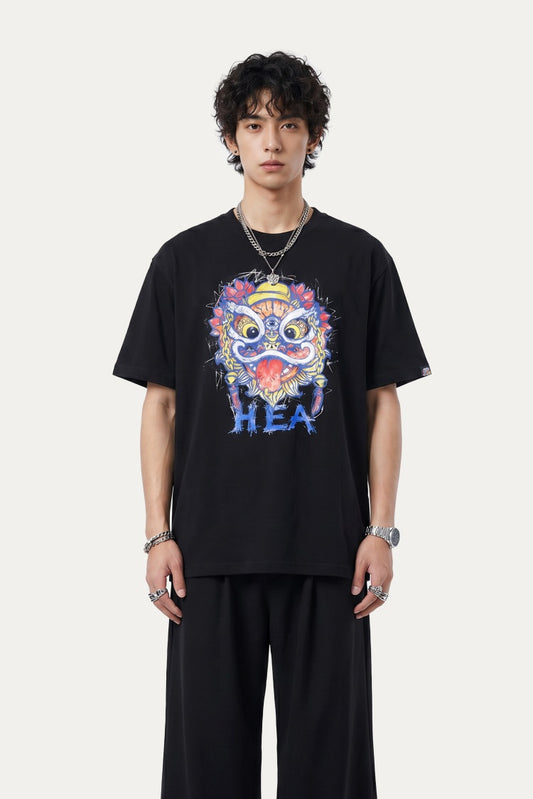 HEA Watercolor Full-Color Lion Head Graphic Tee, Unisex Vintage Sketch Cotton Short Sleeve T-Shirt